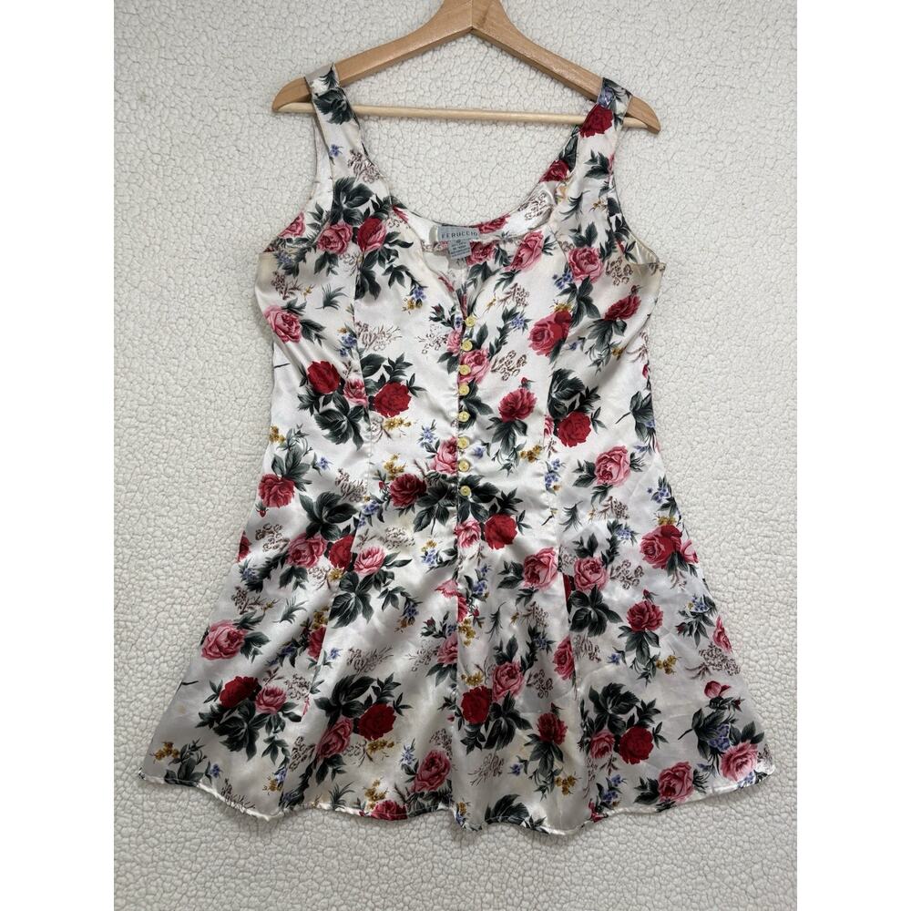 Vtg Feruccio Satin Floral Chemise Night Gown Slip Mini Dress Lingerie‎ Size M